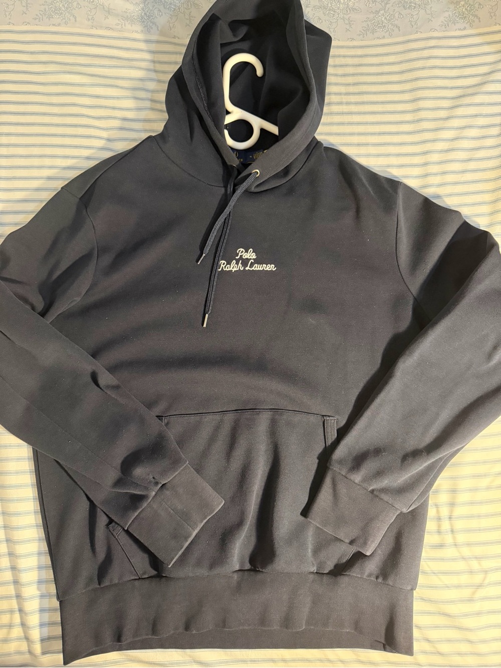 Ralph Lauren Navy Hoodie with Yellow Logo Tag Medium